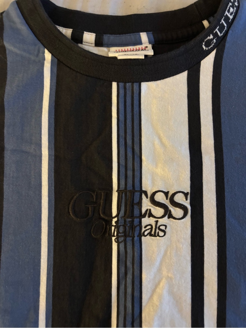 Guess Men's Blue, Black & White Vertical Stripe Short Sleeve Tee